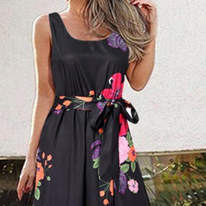 Trendy O-Neck Breathable Boho Sleeveless Seven-Print Swing  Maxi Dress