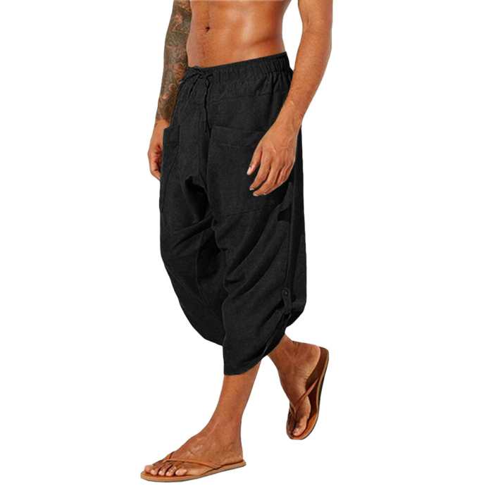 Men's Solid Color Retro Cotton Linen Casual Loose Cropped Pants