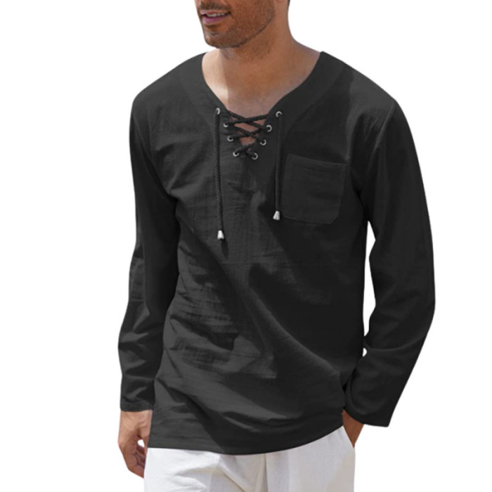 Men Casual Cotton Linen Solid Color Long Sleeves Tops Blouse V-Neck Men's Tops