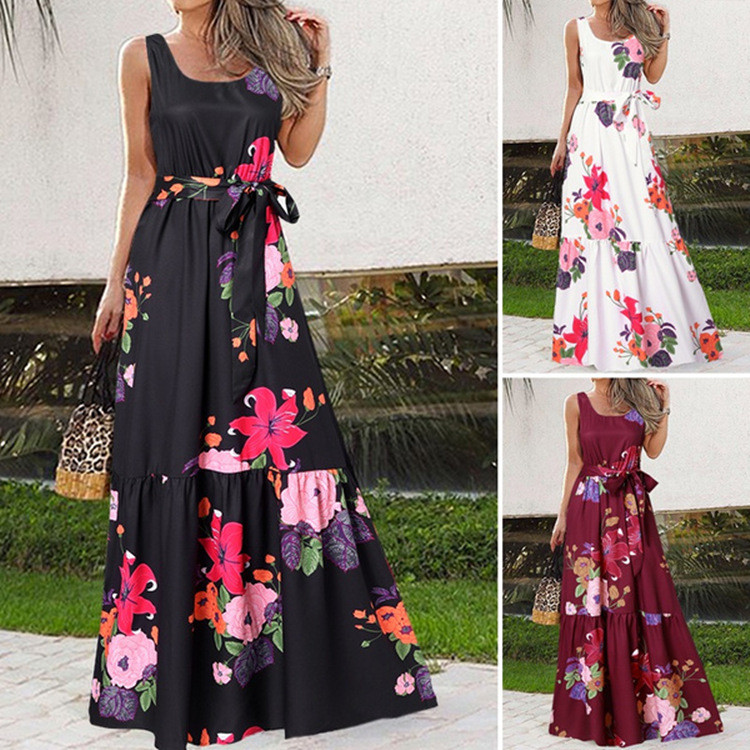 Trendy O-Neck Breathable Boho Sleeveless Seven-Print Swing  Maxi Dress