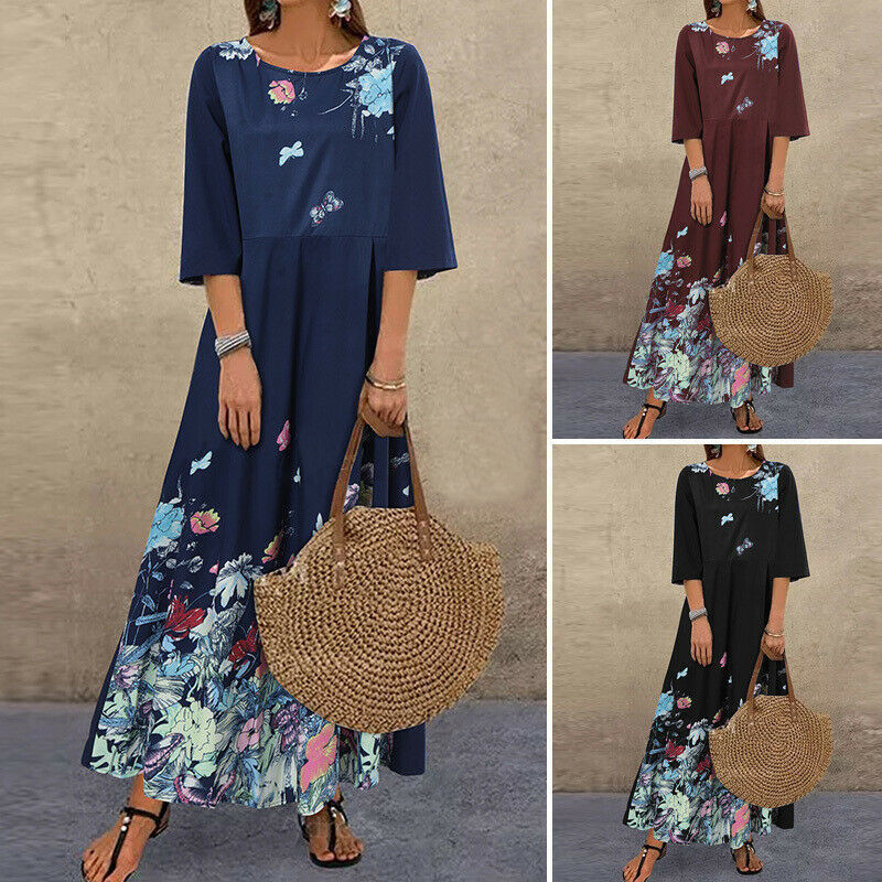 Fashion Women's Round Neck Short Sleeve Printed Casual  Maxi Dress