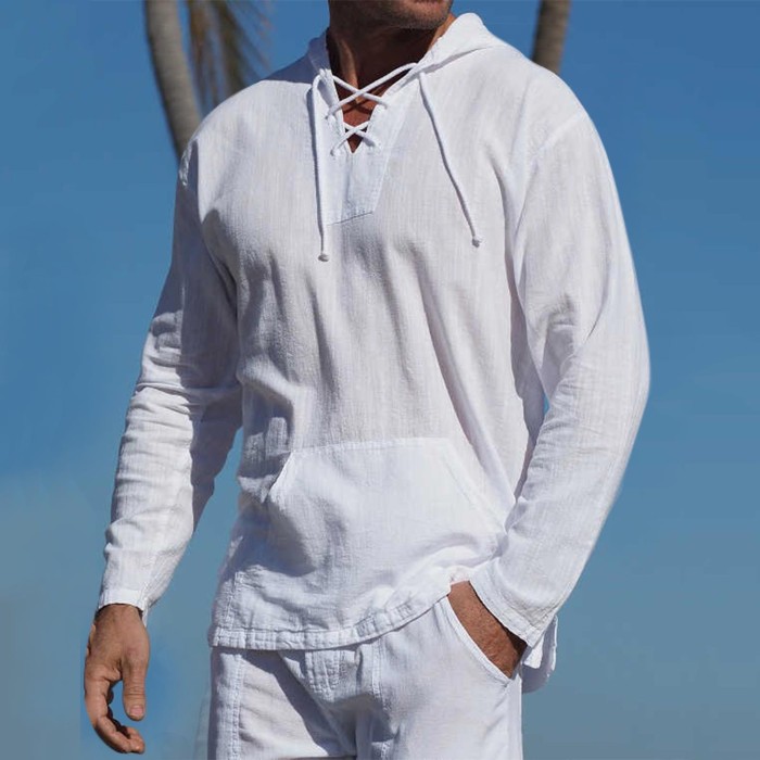 Cotton Linen Strap Pocket Solid Color Hooded Long Sleeve Men's Tops