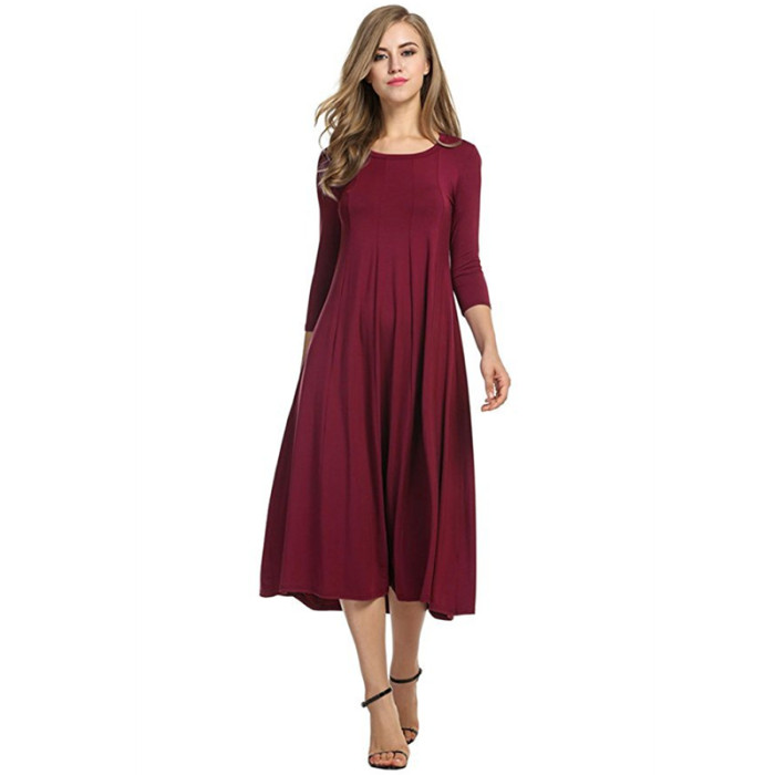 Fashion Women's Round Neck Solid Color Party Casual  Midi Dress
