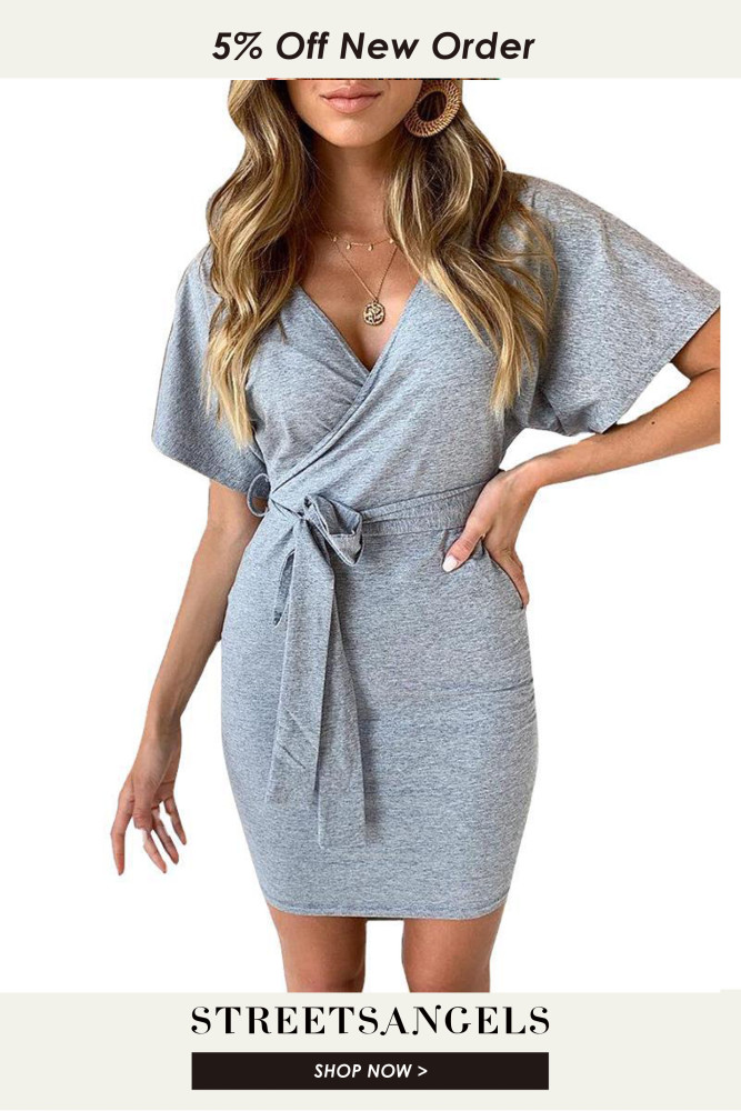 Fashionable Sexy Solid Color V-Neck Tie Casual Dress