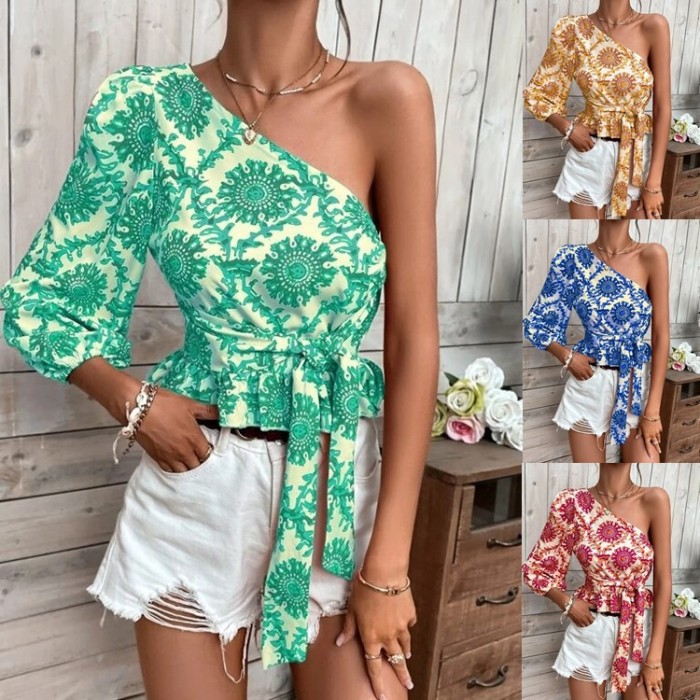 Fashion Print One Shoulder Sexy Diagonal Tie Casual Blouses