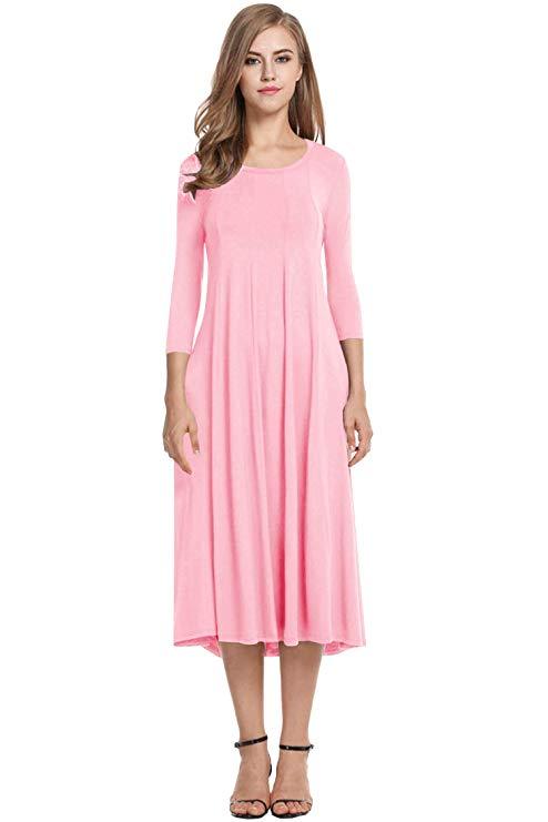 Fashion Women's Round Neck Solid Color Party Casual  Midi Dress