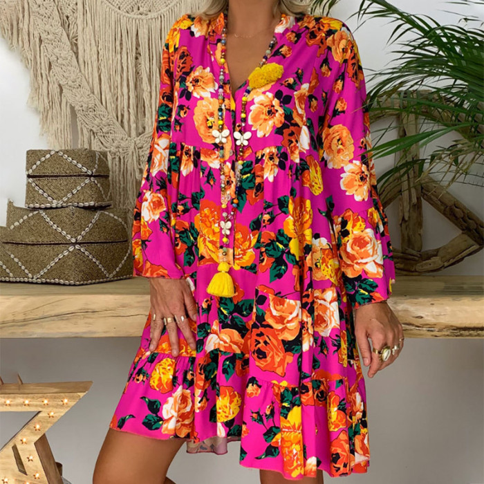 Fashion Print V Neck Long Sleeve Beach Party Ruffle  Casual Dress