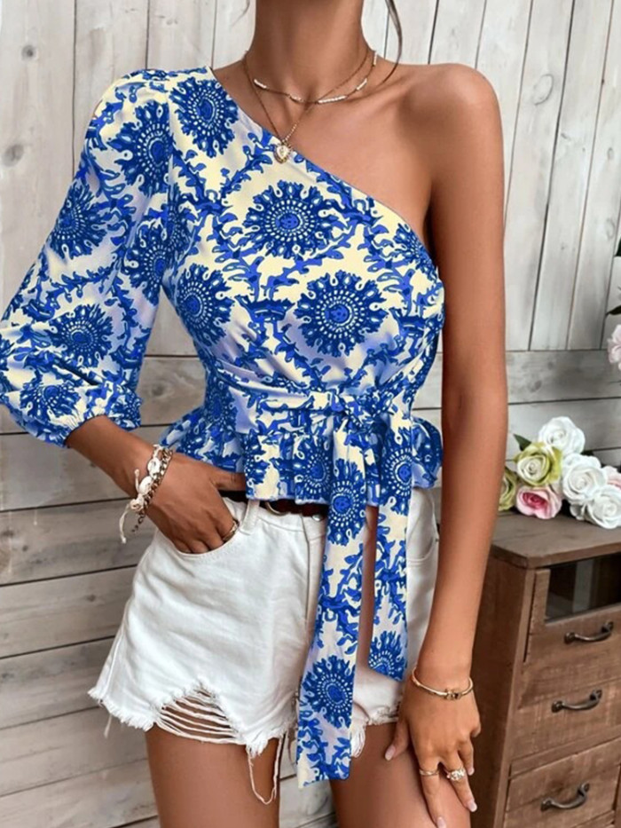 Fashion Print One Shoulder Sexy Diagonal Tie Casual Blouses