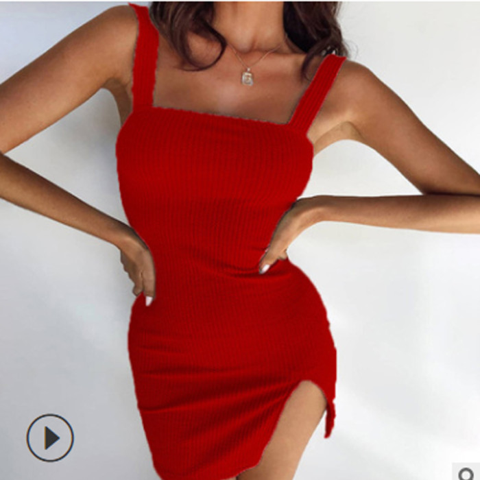 Fashion Elegant Sleeveless Party Ribbed Sexy Slit Mini Dress