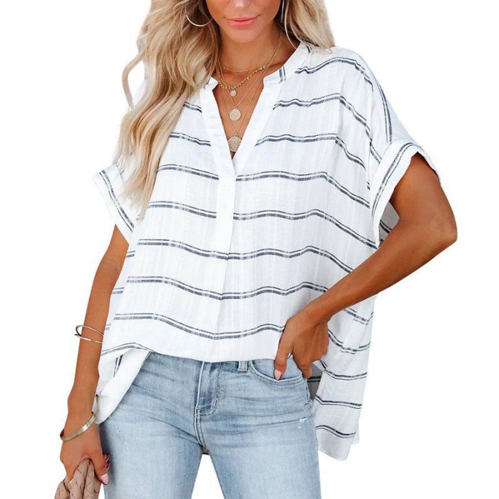 Fashion Short Sleeve Thin V-Neck Loose Solid Color Casual  Blouses