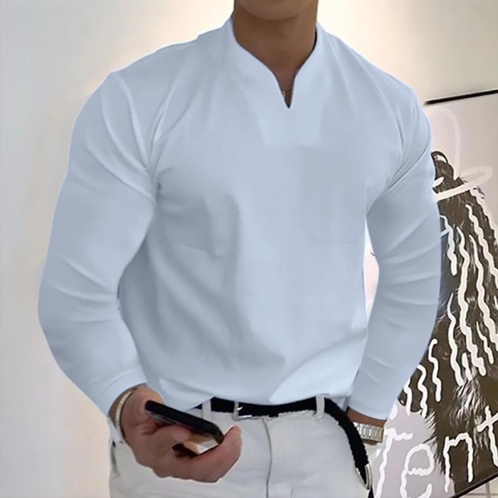 Men's Top Casual Short Sleeve Fashion Solid Color V-Neck Shirt