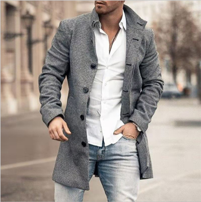 Men's Fashion Stand Collar Slip Pocket Casual Wool Mid-Length Coat