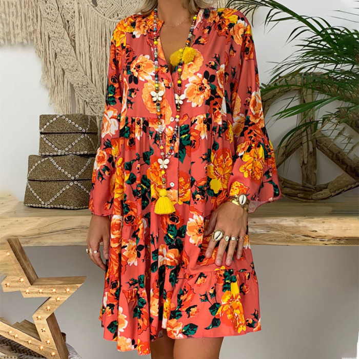 Fashion Print V Neck Long Sleeve Beach Party Ruffle  Casual Dress