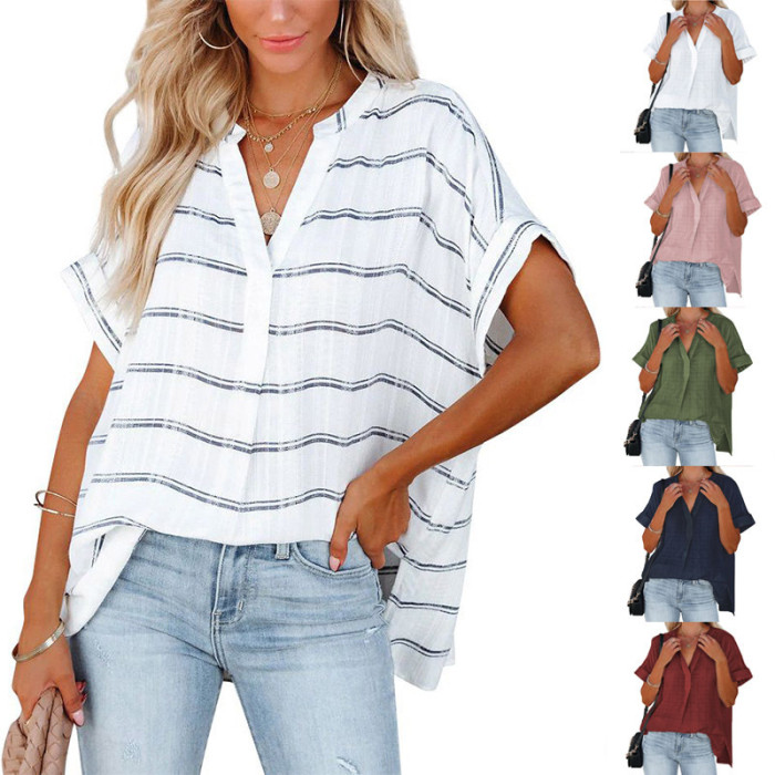 Fashion Short Sleeve Thin V-Neck Loose Solid Color Casual  Blouses