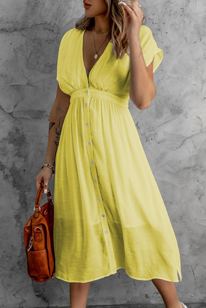 Fashion Elegant V-Neck Casual Loose Solid Color  Midi Dress