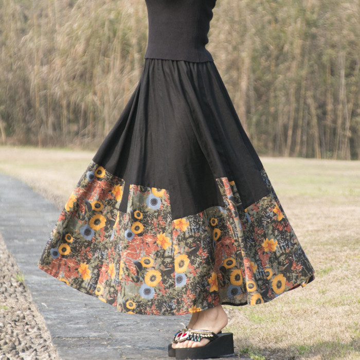 Stylish Cotton Twist Print Panel Stretch High Waist Midi Skirt