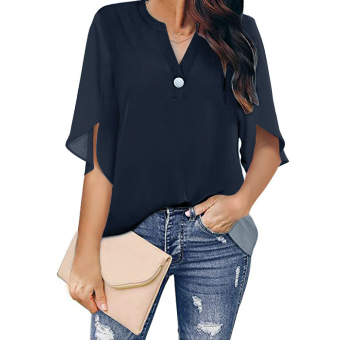 Fashion Elegant Casual Solid Color Loose Sexy V-Neck Short Sleeve  Blouses
