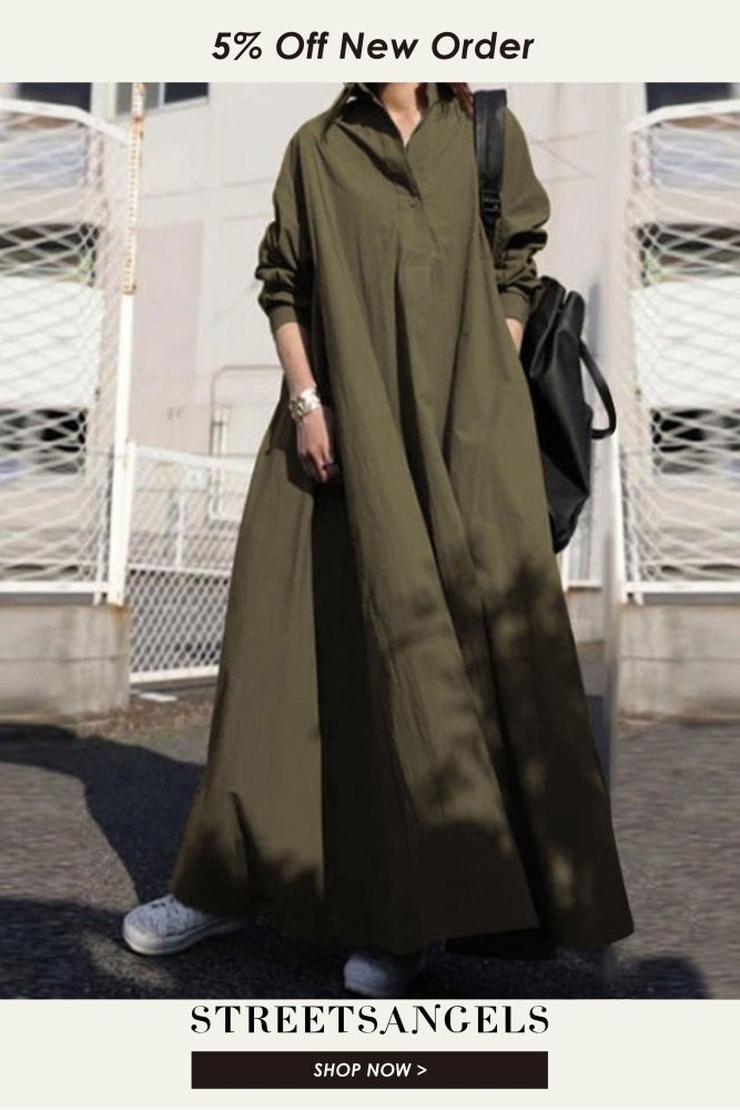 Fashion Solid Color Cotton Retro Ethnic Loose Long Sleeve Swing  Maxi Dress