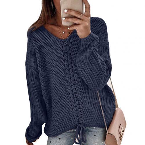 Fashion Women Solid Color V Neck Long Sleeve Drawstring Casual Knitted Sweaters