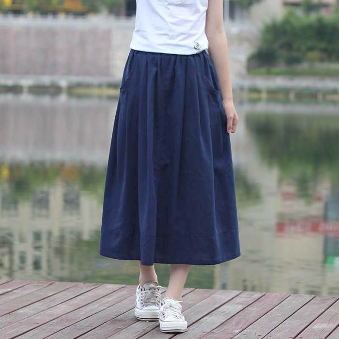 Fashion Cotton Linen High Waist Elastic Waist Pleated Elegant Casual Skirt