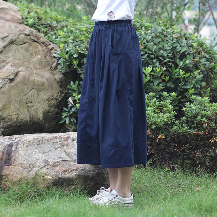 Fashion Cotton Linen High Waist Elastic Waist Pleated Elegant Casual Skirt
