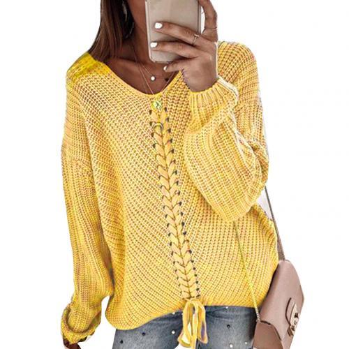 Fashion Women Solid Color V Neck Long Sleeve Drawstring Casual Knitted Sweaters