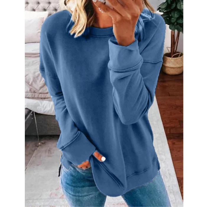 Women's Casual Round Neck Loose Solid Color Long Sleeve Sweatshirts