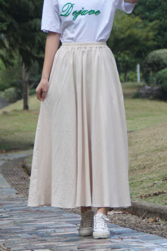 Fashion Cotton Linen Solid Color A-line Skirt Retro Elastic Skirt