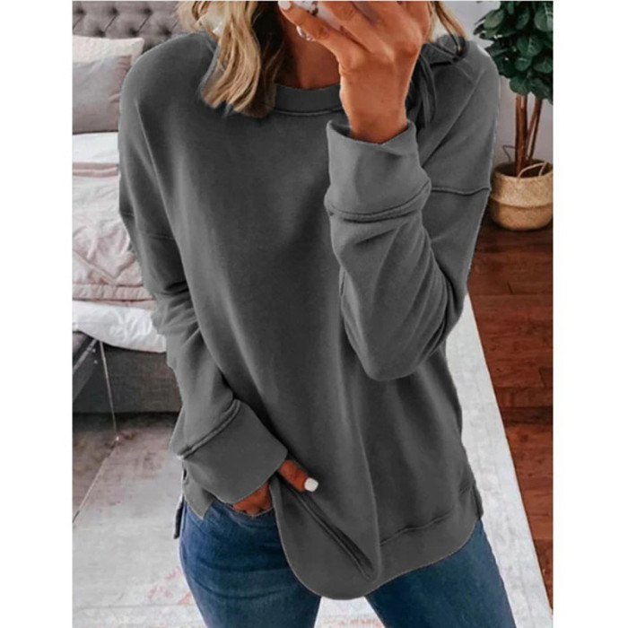 Women's Casual Round Neck Loose Solid Color Long Sleeve Sweatshirts
