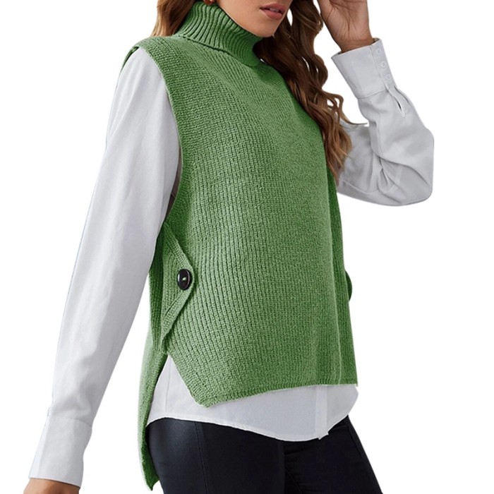 Fashion Solid Knitted Loose Comfortable High-neck Sleeveless Sweater Vests