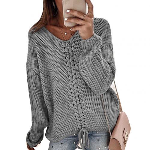 Fashion Women Solid Color V Neck Long Sleeve Drawstring Casual Knitted Sweaters