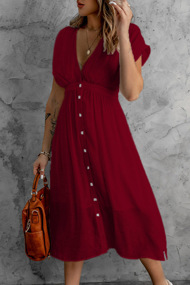Fashion Elegant V-Neck Casual Loose Solid Color  Midi Dress