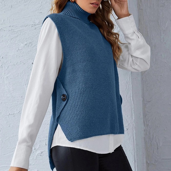 Fashion Solid Knitted Loose Comfortable High-neck Sleeveless Sweater Vests