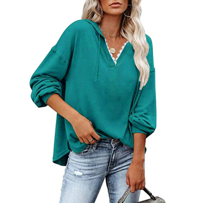 Fashion Women's Casual Long Sleeve Solid Color V Neck Loose  Hoodies