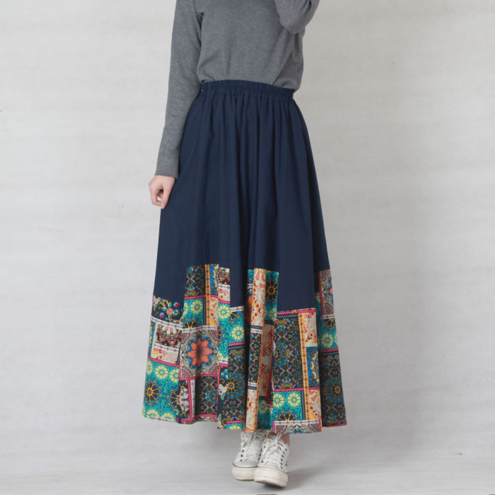 Stylish Cotton Twist Print Panel Stretch High Waist Midi Skirt