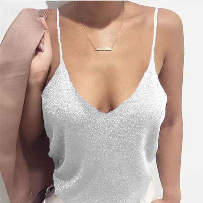 Fashion Sexy Shiny Sexy V Neck Sleeveless Loose Solid Color  Camisole Top