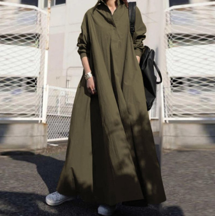 Fashion Solid Color Cotton Retro Ethnic Loose Long Sleeve Swing  Maxi Dress