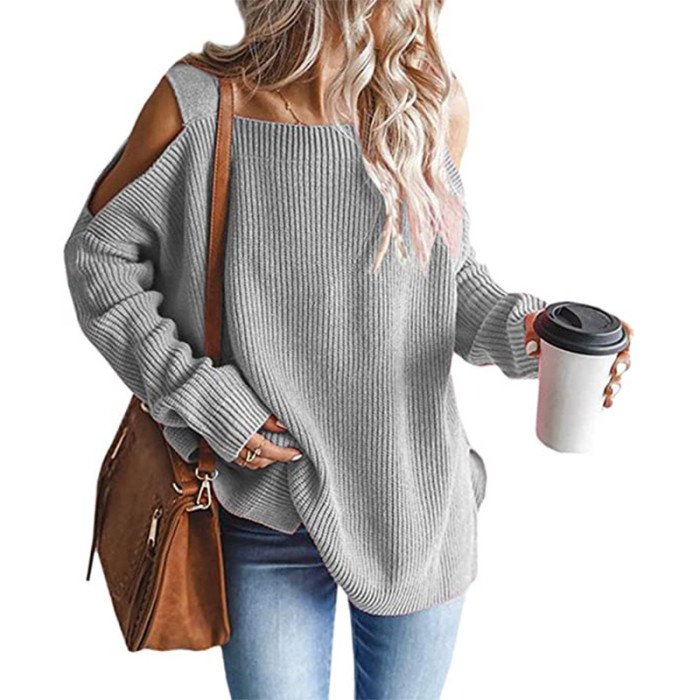 Women Off The Shoulder Top Hollow Out Knitted Pullovers Fashion Sweaters
