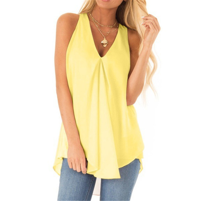 Casual Solid Color Patchwork V-Neck Swing Sleeveless Loose  Blouses