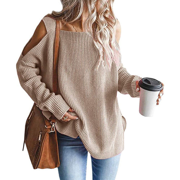 Women Off The Shoulder Top Hollow Out Knitted Pullovers Fashion Sweaters