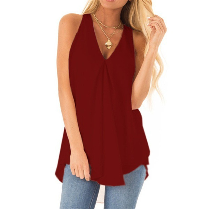Casual Solid Color Patchwork V-Neck Swing Sleeveless Loose  Blouses