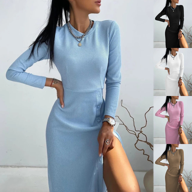 Fashion Slim Sexy Solid Color Long Sleeve Slit  Midi Dress