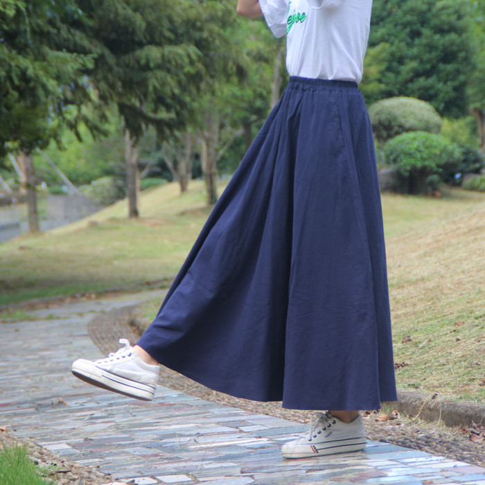 Fashion Cotton Linen Solid Color A-line Skirt Retro Elastic Skirt