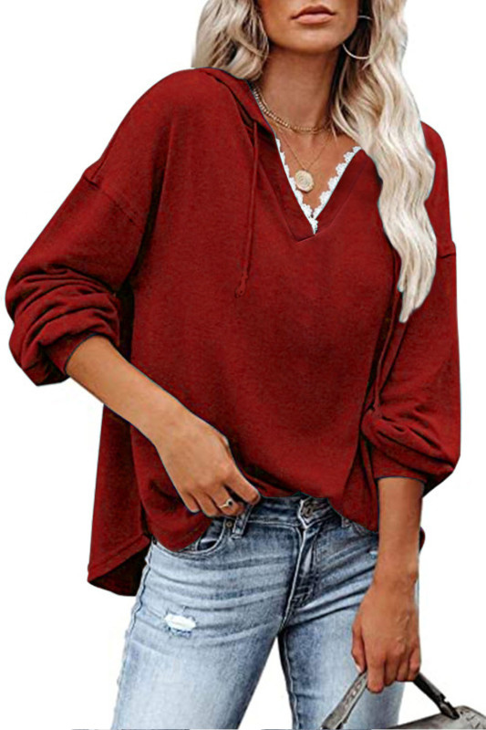 Fashion Women's Casual Long Sleeve Solid Color V Neck Loose  Hoodies