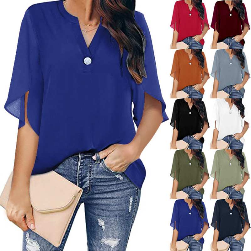 Fashion Elegant Casual Solid Color Loose Sexy V-Neck Short Sleeve  Blouses