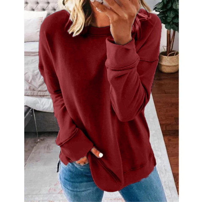 Women's Casual Round Neck Loose Solid Color Long Sleeve Sweatshirts
