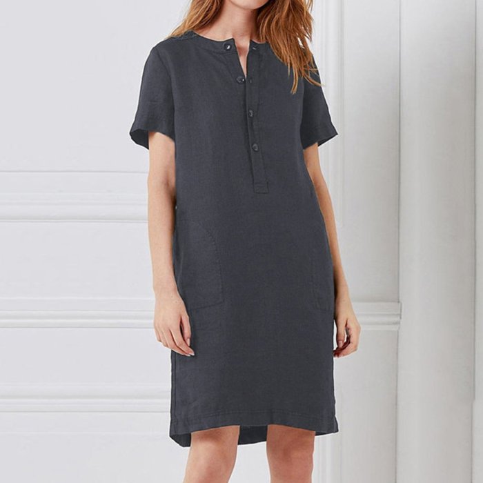 New Women's Dress Cotton and Hemp Loose Button Short Sleeve Medium and Long Home Leisure Dress