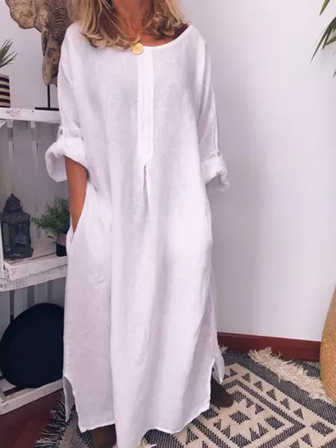 Fashion Cotton Linen Solid Color Loose Round Neck Irregular Dress