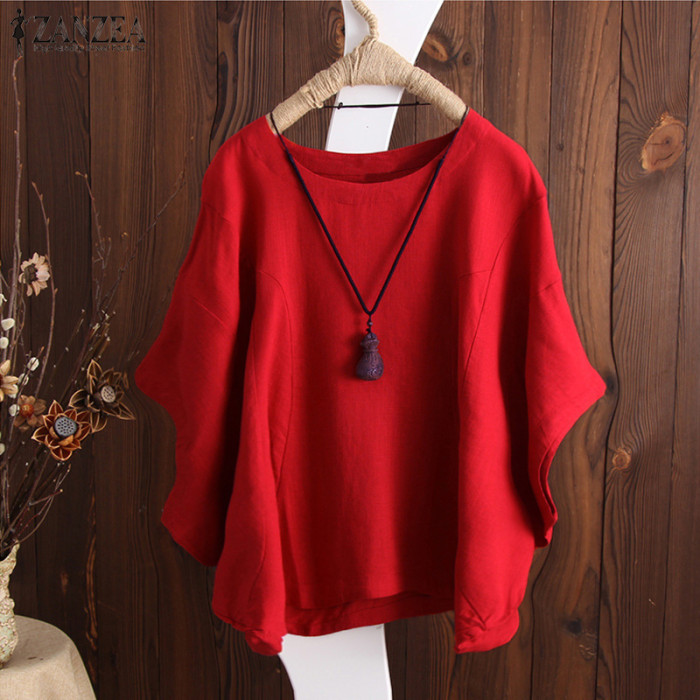 Fashion Cotton Linen Loose Solid Color Doll Sleeve Crew Neck  Blouses