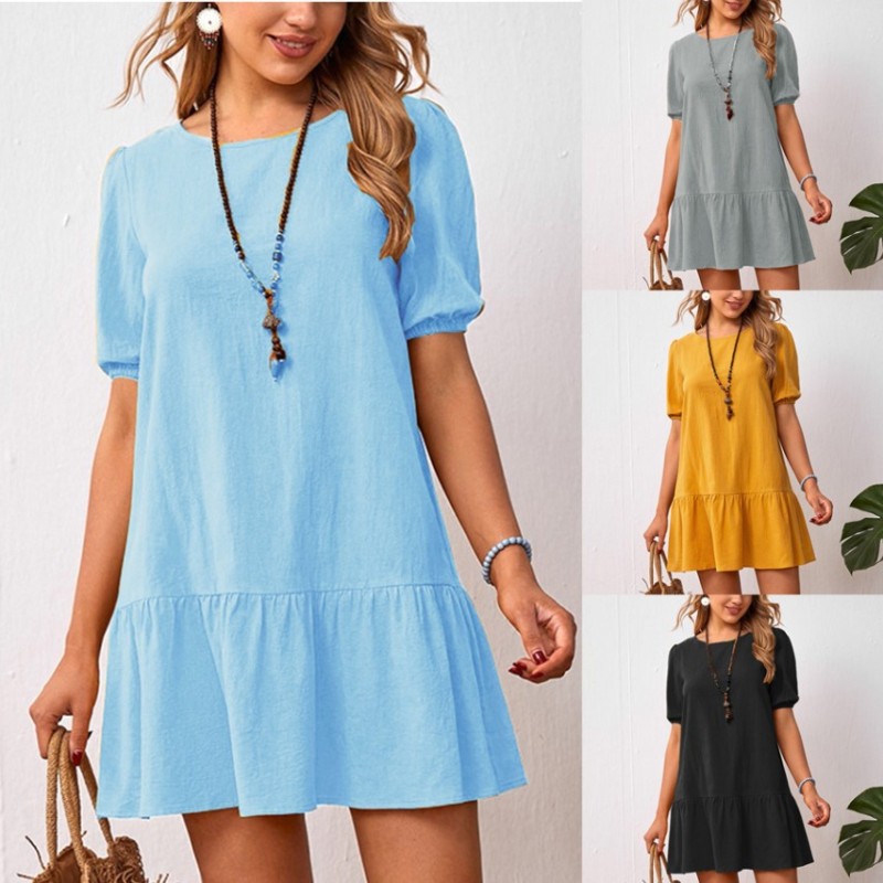 Solid Cotton Linen Short Sleeve O-Neck Loose Casual Mini Dress